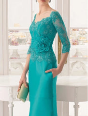 Mint Green Mother Of The Bride Dresses Sheath 3/4 Sleeves Appliques Beaded Long Wedding Party Dress Mother Dress